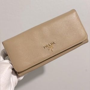 Prada Beige Saffiano Leather Continental Wallet with Gold Logo